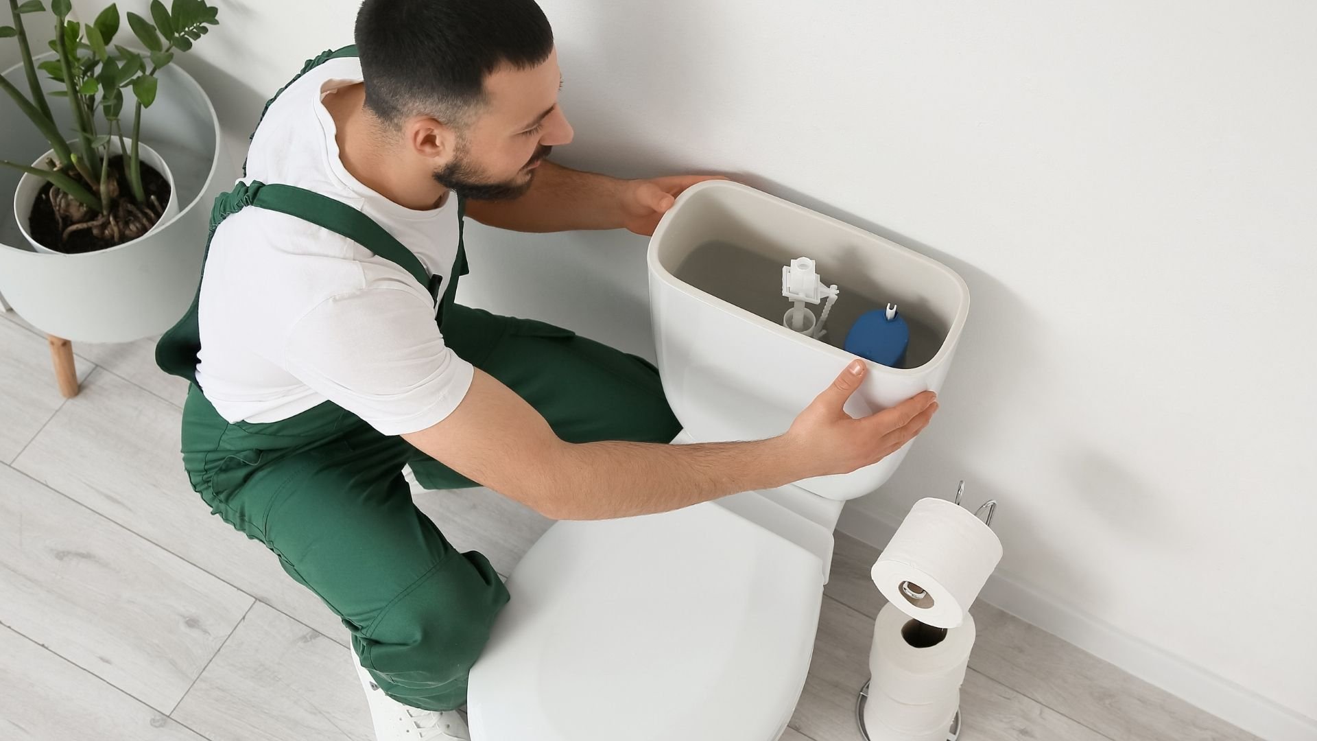 Worker in green apron fixing toilet tank with plant nearby