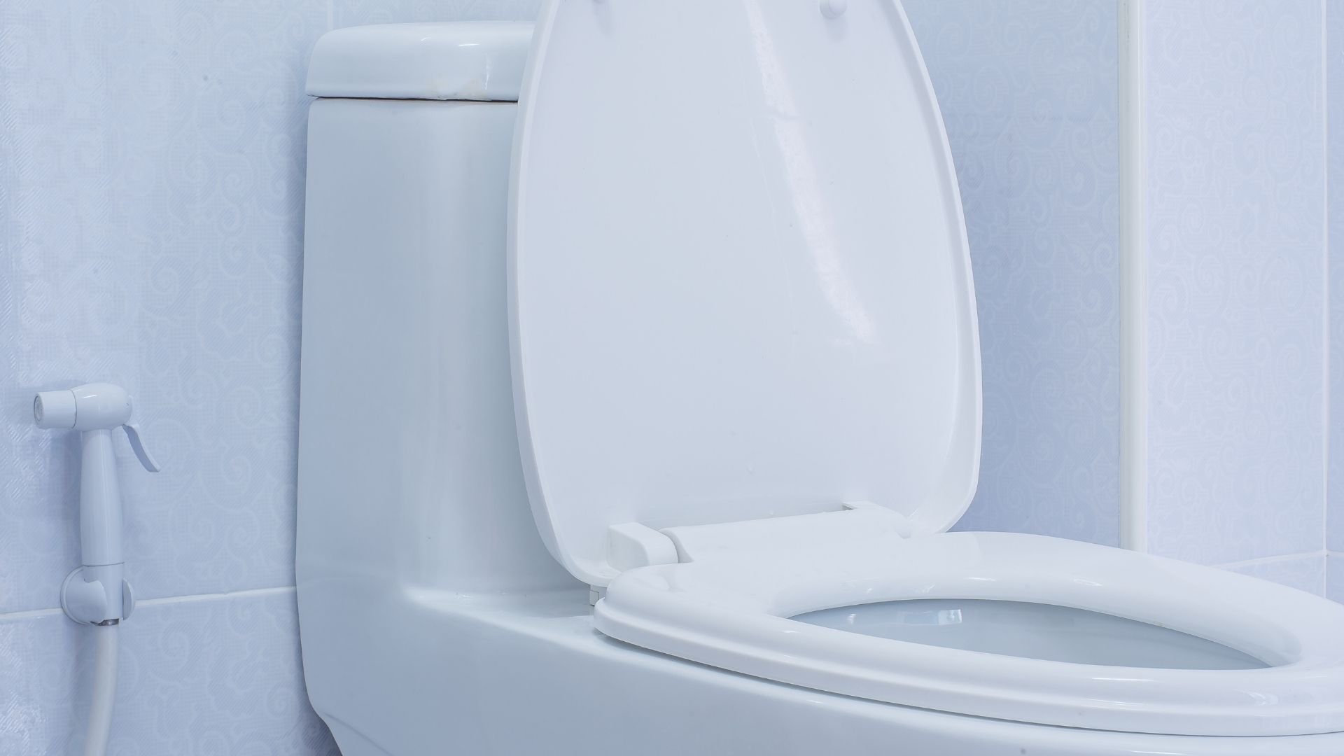 White toilet with open lid and bidet spray in minimalist bathroom