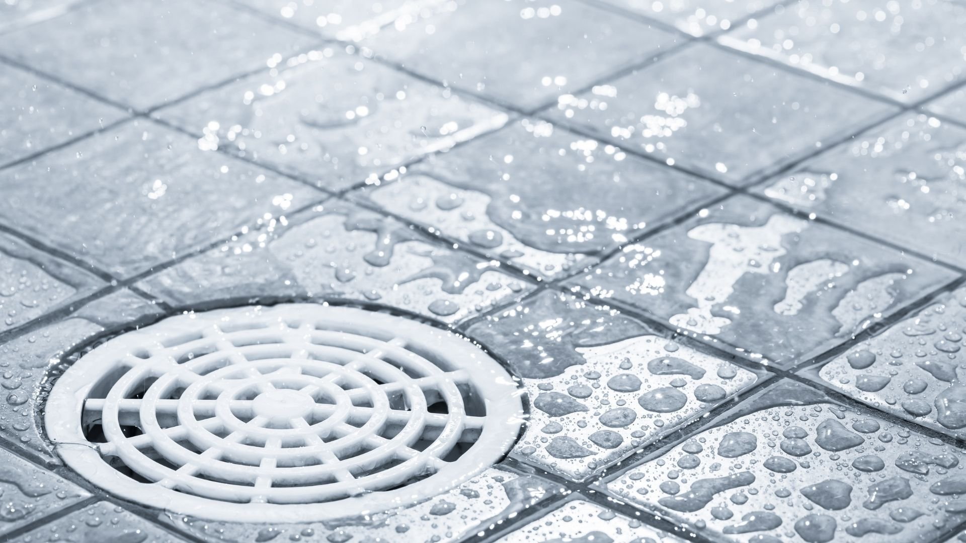 Shower drain with water droplets on tiled floor in blue-gray tones